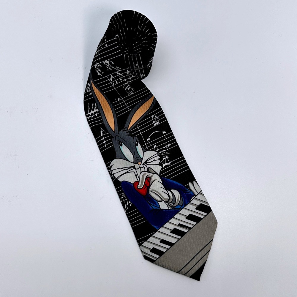 Vintage 1995 Looney Tunes Bugs Bunny Piano Music Note Black Novelty Tie Mens
